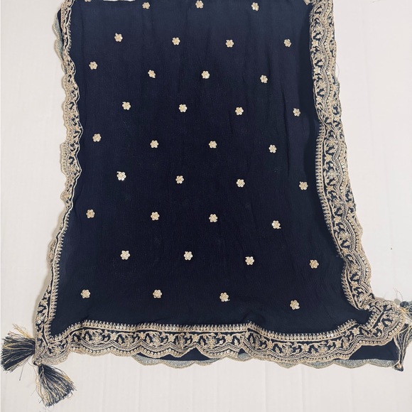 Boho Embroidered Kurta Tunic Dress Set Navy Gold Dupatta Festival L Ethnic - Picture 8 of 12